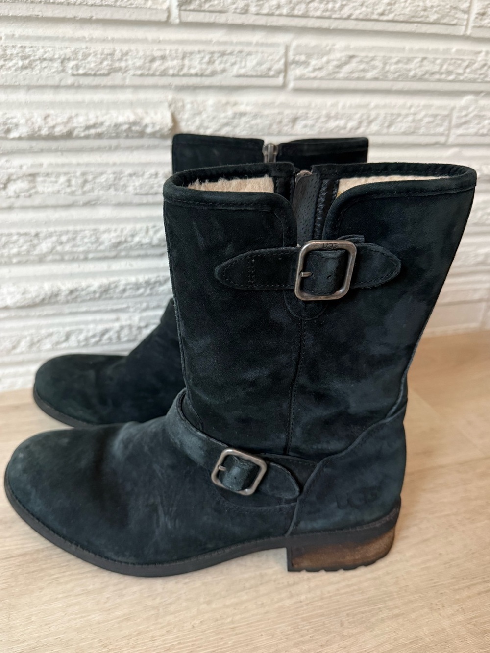 UGG Chaney black suede shearling lining moto boots buckle mid calf- 10